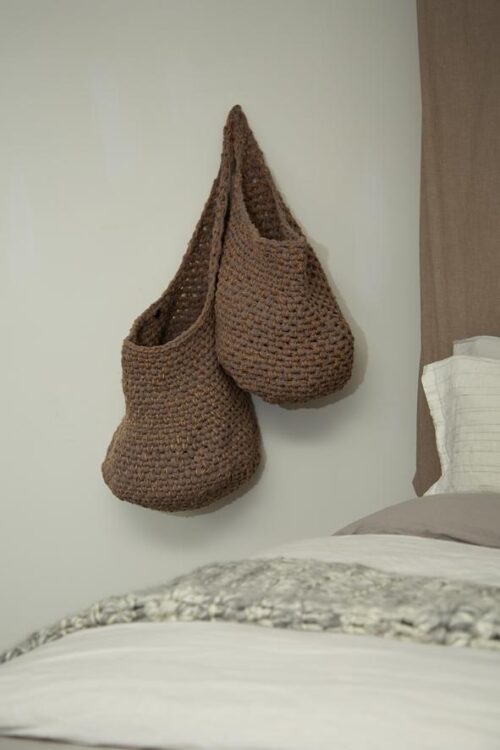 “Twinz XL” pure cotton crochet laundry / storage hanging basket mocha