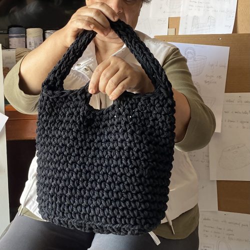 “Apollon cotton” crochet bucket bag with waterproof pouch black