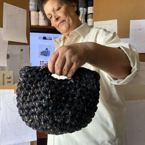 “Nadia cotton + wool” crochet handbag  with waterproof pouch black + white + brown